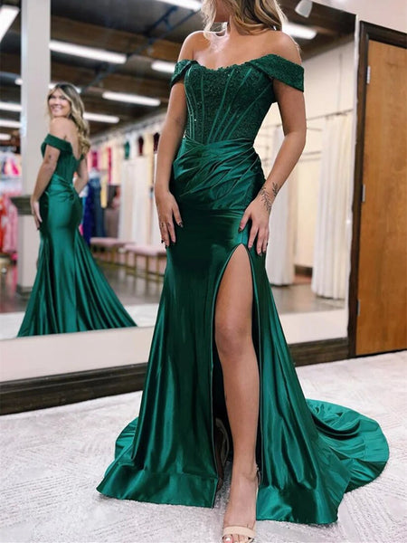 Mermaid Green/Blue Satin Lace Long Prom Dress, Off Shoulder Formal Evening Dress