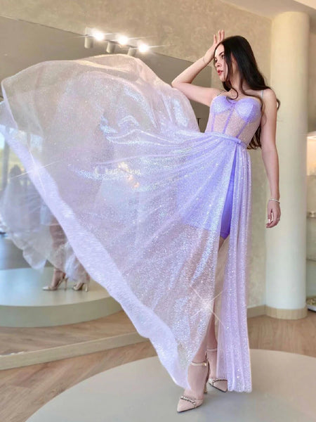 A Line Sweetheart Neck Tulle Purple Long Prom Dress, Purple Evening Dress
