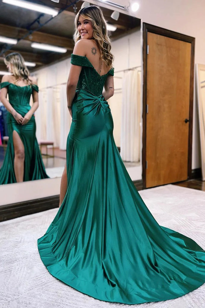 Mermaid Green/Blue Satin Lace Long Prom Dress, Off Shoulder Formal Eve – morievent