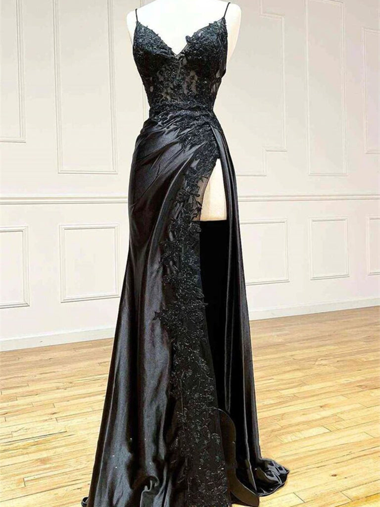 V Neck Open Back Mermaid Black Lace Long Prom Dress with High Slit