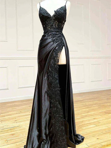 V Neck Open Back Mermaid Black Lace Long Prom Dress with High Slit, Mermaid Black Formal Dress, Black Lace Evening Dress