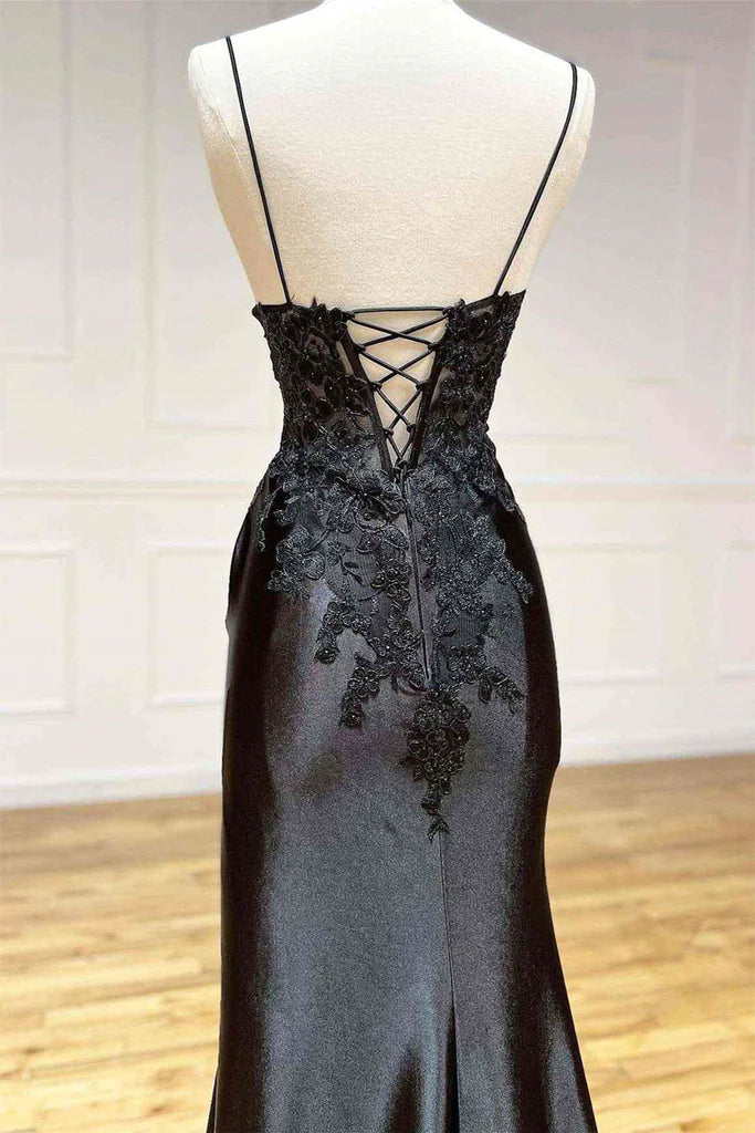 V Neck Open Back Mermaid Black Lace Long Prom Dress with High Slit, Mermaid  Black Formal Dress, Black Lace Evening Dress