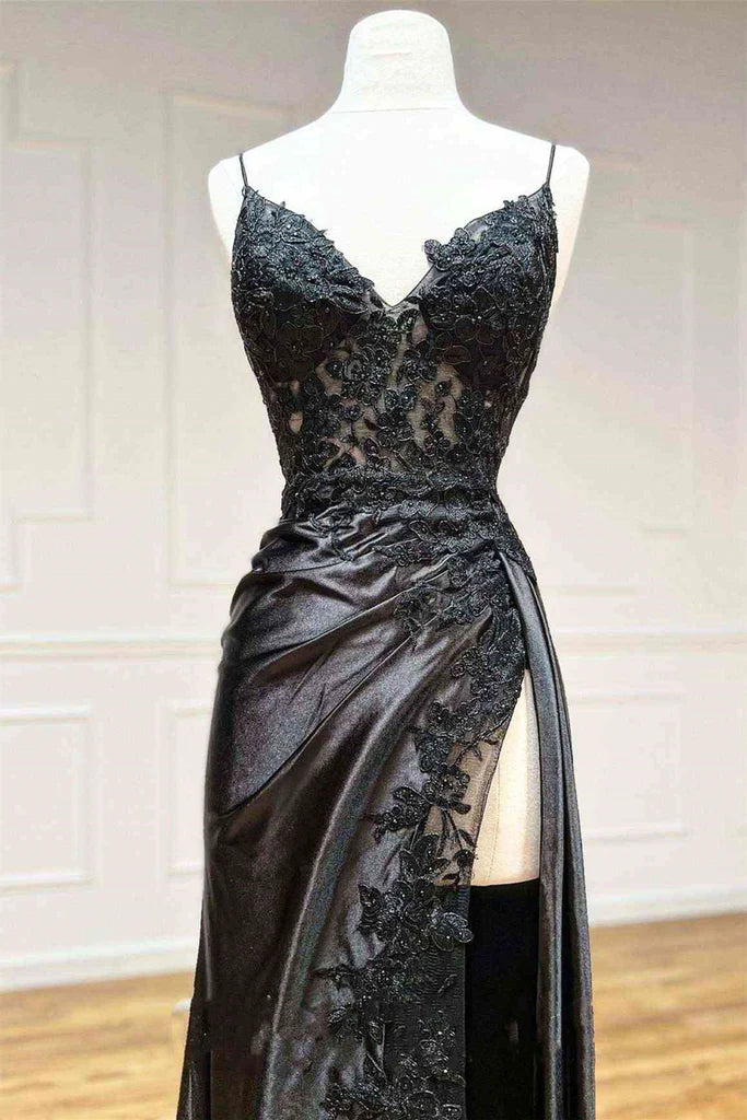 V Neck Open Back Mermaid Black Lace Long Prom Dress with High Slit