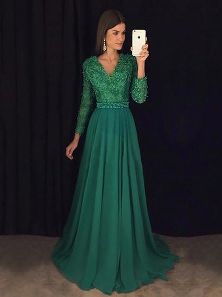 Custom Made V Neck Emerald Green Prom Dress with Long Sleeves , Green morievent Custom Made V Neck Emerald Green Prom Dress with Long Sleeves , Green morievent