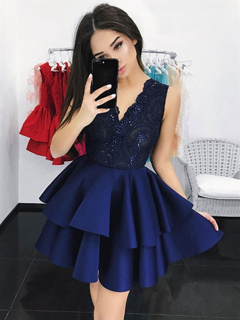 V-Neck Lace Short Navy Blue Homecoming Dress ,Graduation Dress, Lace S morievent V-Neck Lace Short Navy Blue Homecoming Dress ,Graduation Dress, Lace S morievent