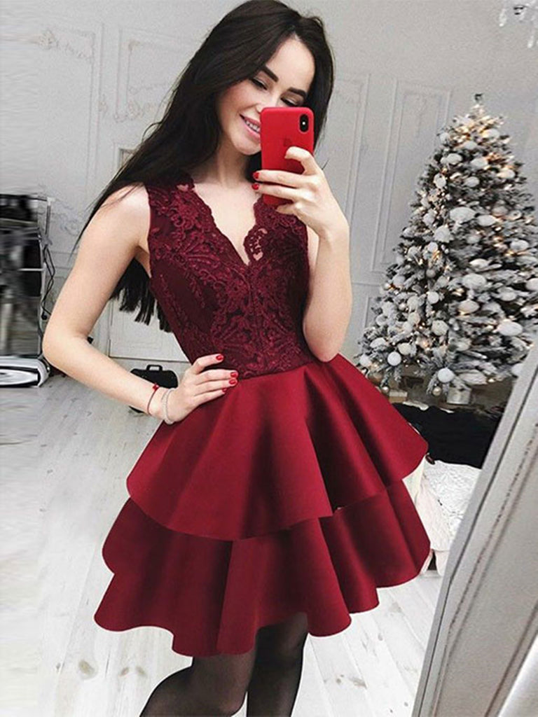 V-Neck Lace Short Burgundy Homecoming Dress ,Graduation Dress, Lace Short Burgundy Prom Dress