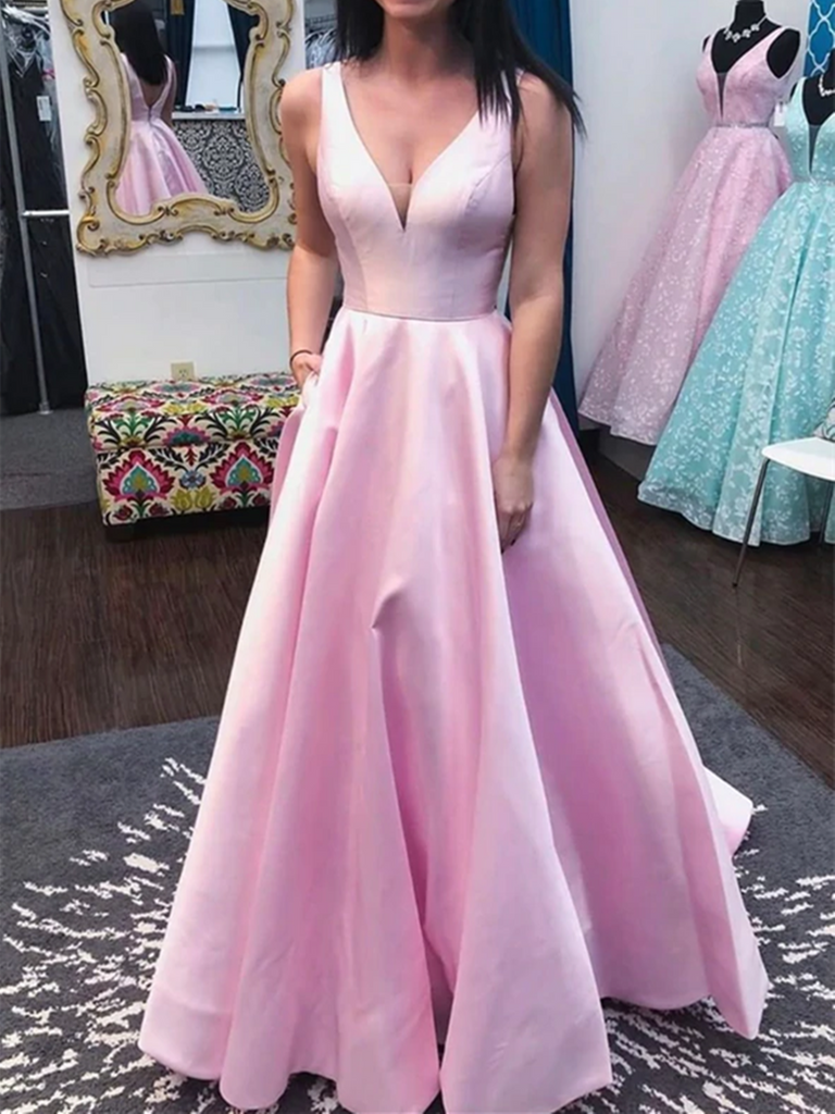 A Line V Neck Pink Satin Long Prom Dresses, A Line V Neck Pink Satin L morievent A Line V Neck Pink Satin Long Prom Dresses, A Line V Neck Pink Satin L morievent
