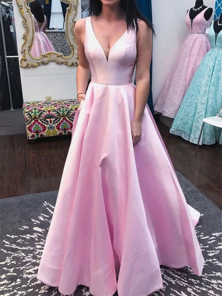 A Line V Neck Pink Satin Long Prom Dresses, A Line V Neck Pink Satin Long  Formal Evening Dresses