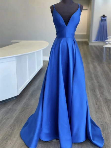 A Line V Neck Blue Satin Long Prom Dresses, A Line V Neck Blue Satin Long Formal Evening Dresses