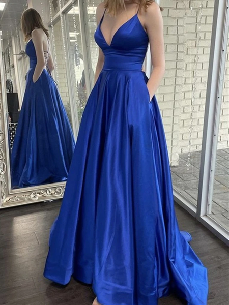 V Neck Royal Blue Backless Long Prom Dresses, Open Back Royal Blue Long Formal Evening Dresses