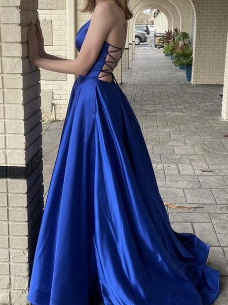 V Neck Royal Blue Backless Long Prom Dresses, Open Back Royal Blue Long Formal Evening Dresses