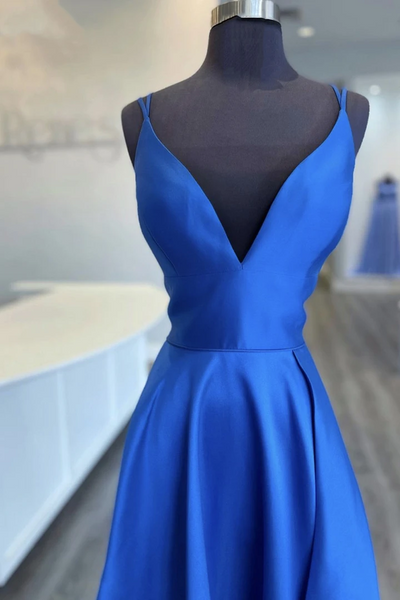 A Line V Neck Blue Satin Long Prom Dresses, A Line V Neck Blue Satin Long Formal Evening Dresses