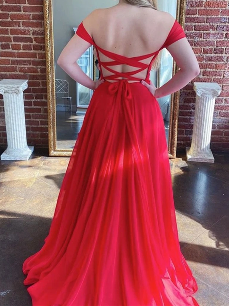 Off the Shoulder Red Long Prom Dresses With Leg Slit , Red Off Shoulde morievent Off the Shoulder Red Long Prom Dresses With Leg Slit , Red Off Shoulde morievent