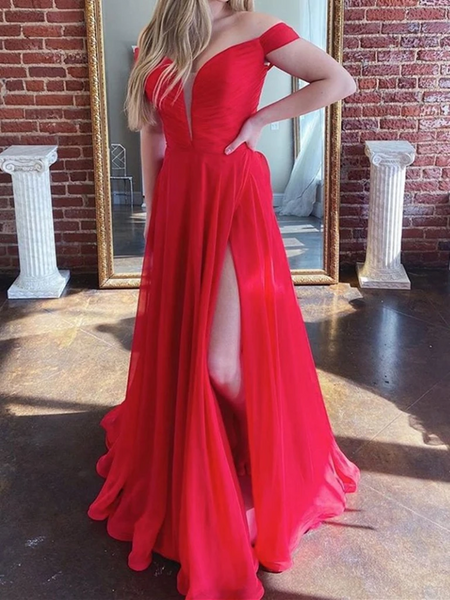 Off the Shoulder Red Long Prom Dresses With Leg Slit , Red Off Shoulder Long Formal Evening Dresses