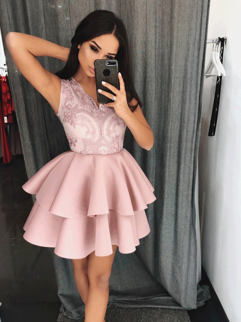 V-Neck Lace Short Pink Homecoming Dress ,Graduation Dress, Lace Short Pink Prom Dress