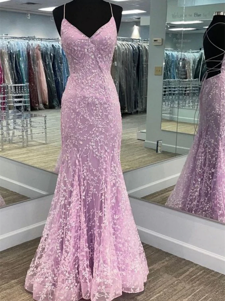 V Neck Backless Mermaid Purple Lace Long Prom Dresses, Mermaid Purple Formal Dresses, Purple Lace Evening Dresses