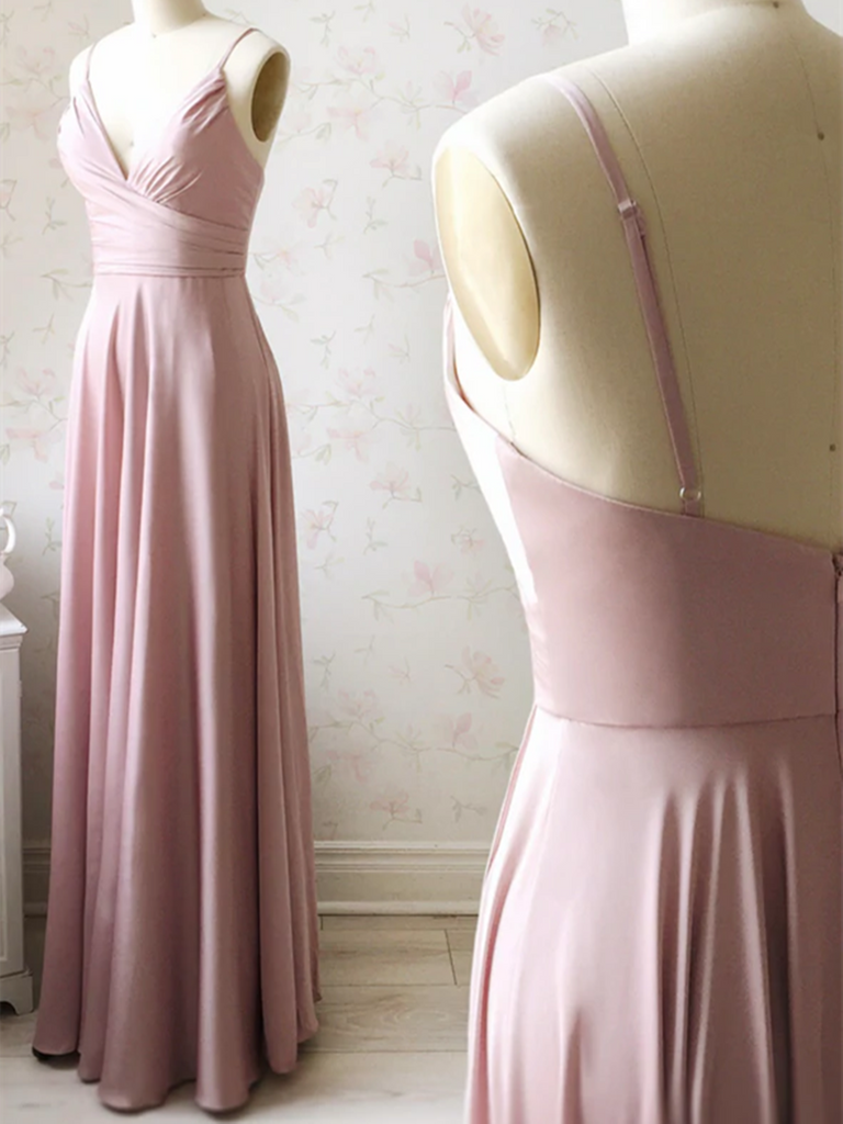 A Line Pink Satin Long Prom Dresses, A Line Pink Satin Long Formal Evening Dresses