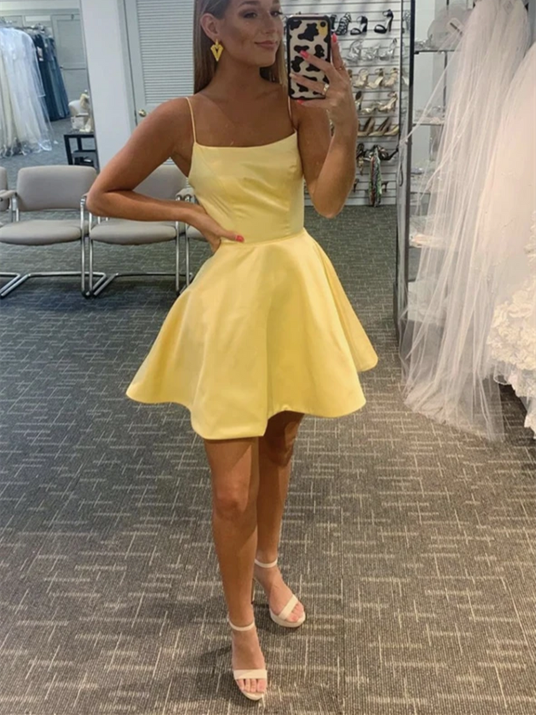 A Line Yellow Satin Short Prom Dresses, Short Yellow Satin Formal Evening Dresses A Line Yellow Satin Short Prom Dresses, Short Yellow Satin Formal Evening Dresses