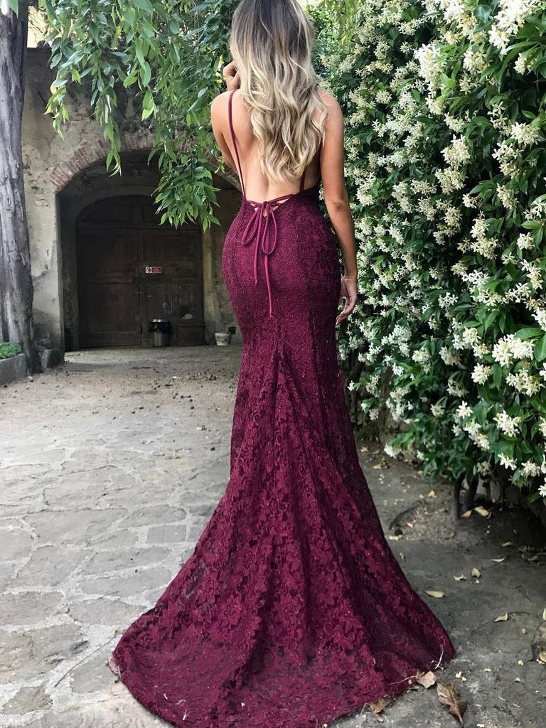 Custom Made Backless Mermaid Maroon/Burgundy Lace Prom Dress with Spag morievent Custom Made Backless Mermaid Maroon/Burgundy Lace Prom Dress with Spag morievent