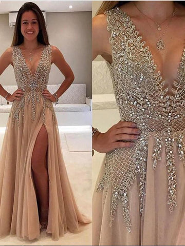 Sexy A Line V-neck Rhinestone Prom Dress with Slit, V Neck Graduation Dress