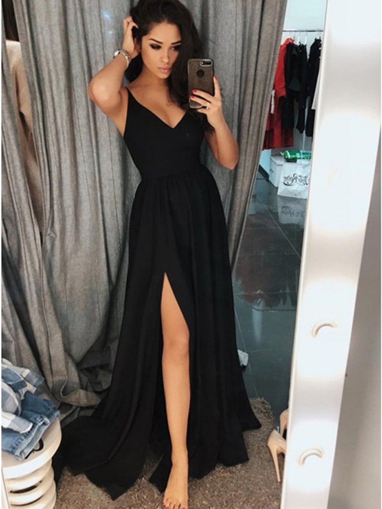 V Neck Black Prom Dresses with Slit, Black Formal Evening Graduation D morievent V Neck Black Prom Dresses with Slit, Black Formal Evening Graduation D morievent