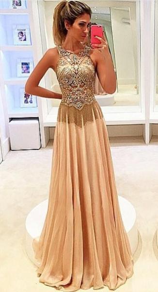 A Line Round Neck Sleeveless Beading Prom Dress with Sweep Train, Sweep Train Beaded Formal Dress