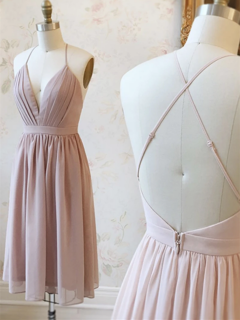 Cute V Neck Pink Backless Chiffon Short Prom Dresses, Pink Backless Short Homecoming Evening Dresses