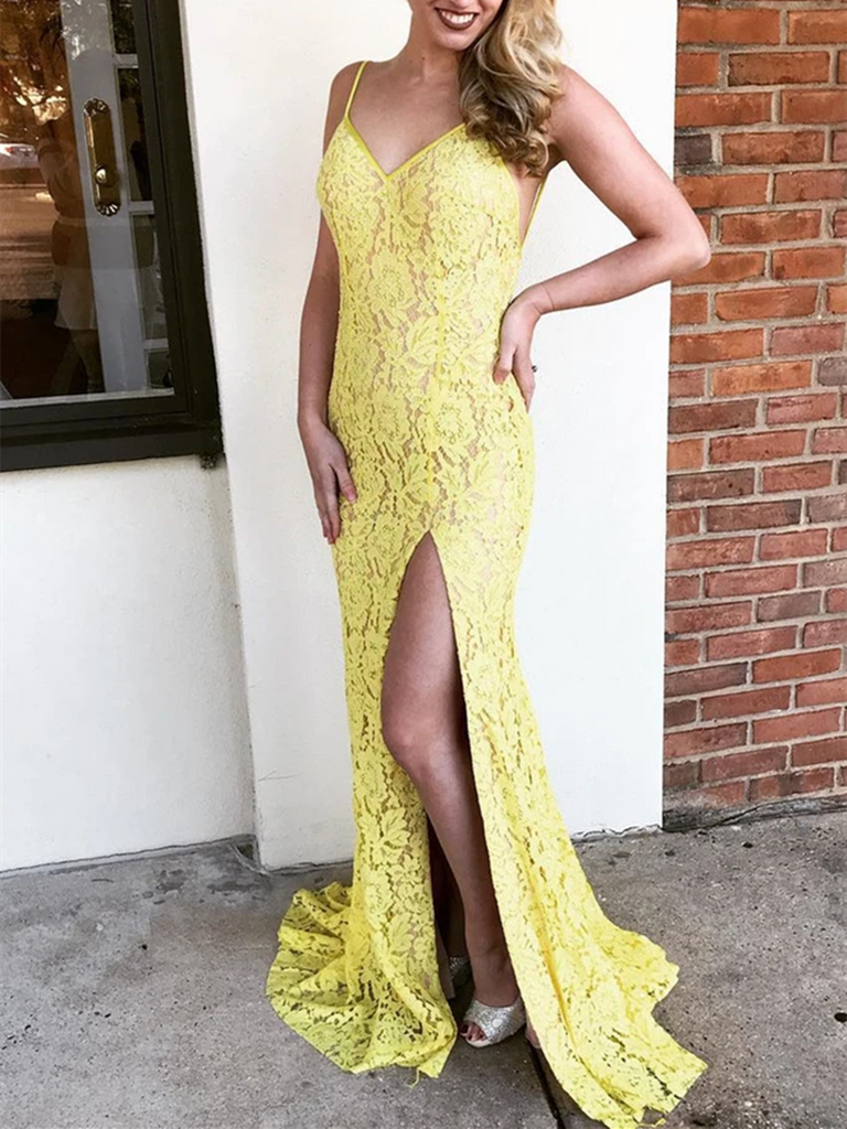 V Neck Spaghetti Straps Mermaid Yellow Lace Long Prom Dresses with Slit, Yellow Lace Mermaid Backless Formal Evening Dresses