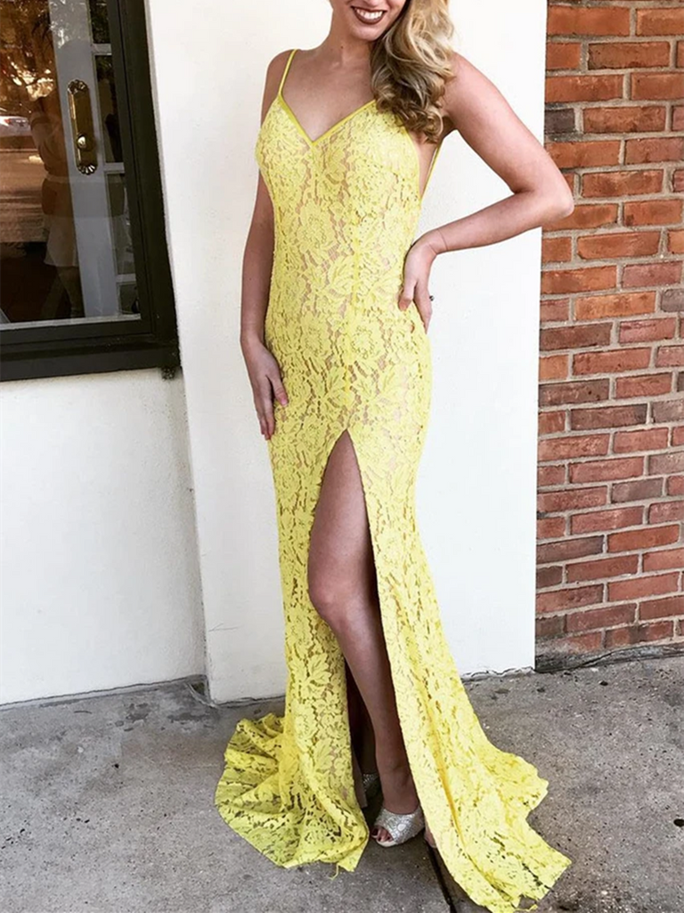 yellow lace backless dress Yellow Floral Lace Backless Mermaid Long Prom Gown with Slit fg4829