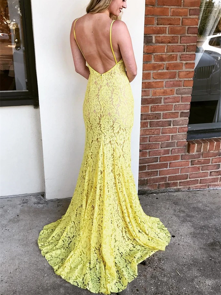 V Neck Spaghetti Straps Mermaid Yellow Lace Long Prom Dresses with Slit, Yellow Lace Mermaid Backless Formal Evening Dresses