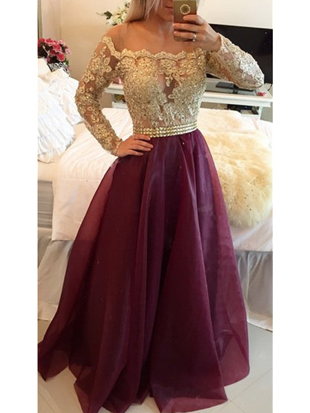 Custom Made Long Sleeves Maroon Prom Dress with Golden Top, Maroon And Golden Formal Dress