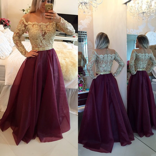 Custom Made Long Sleeves Maroon Prom Dress with Golden Top, Maroon And Golden Formal Dress