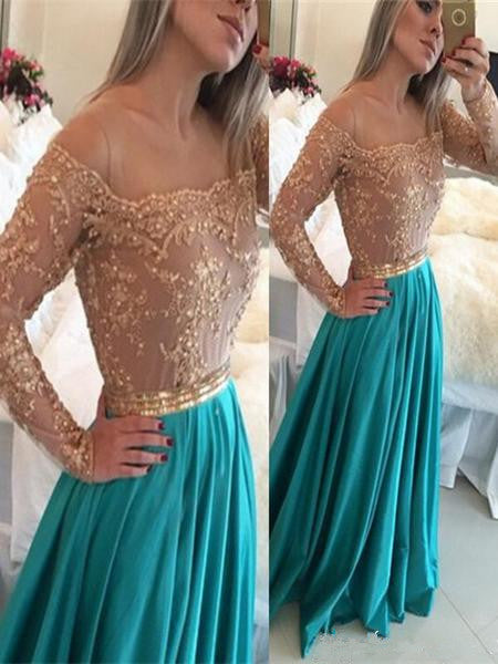 A Line Long Sleeves Champagne and Turquoise Lace Prom Dress, Turquoise Bridesmaid Dress, Lace Formal Dress
