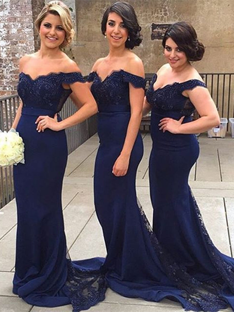 lace maid of honor dresses Sweetheart Neck Off Shoulder Mermaid Navy Blue Lace Prom Dresses, Navy – morievent