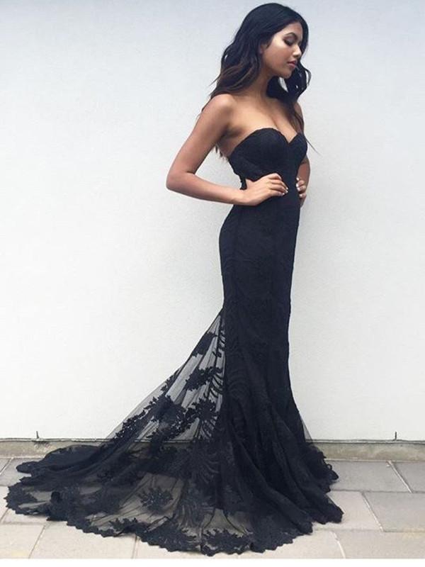 Custom Made Sweetheart Neck Black Lace Prom Dresses, Black Lace Formal morievent Custom Made Sweetheart Neck Black Lace Prom Dresses, Black Lace Formal morievent