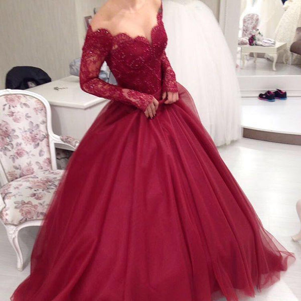 Custom Made Sweetheart Neck Long Sleeves Burgundy Lace Prom Dress, Burgundy Lace Formal Dress