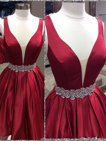 Short A Line V Neck Red Backless Prom Dress, Short Red Backless Homecoming Dress, Formal Dress