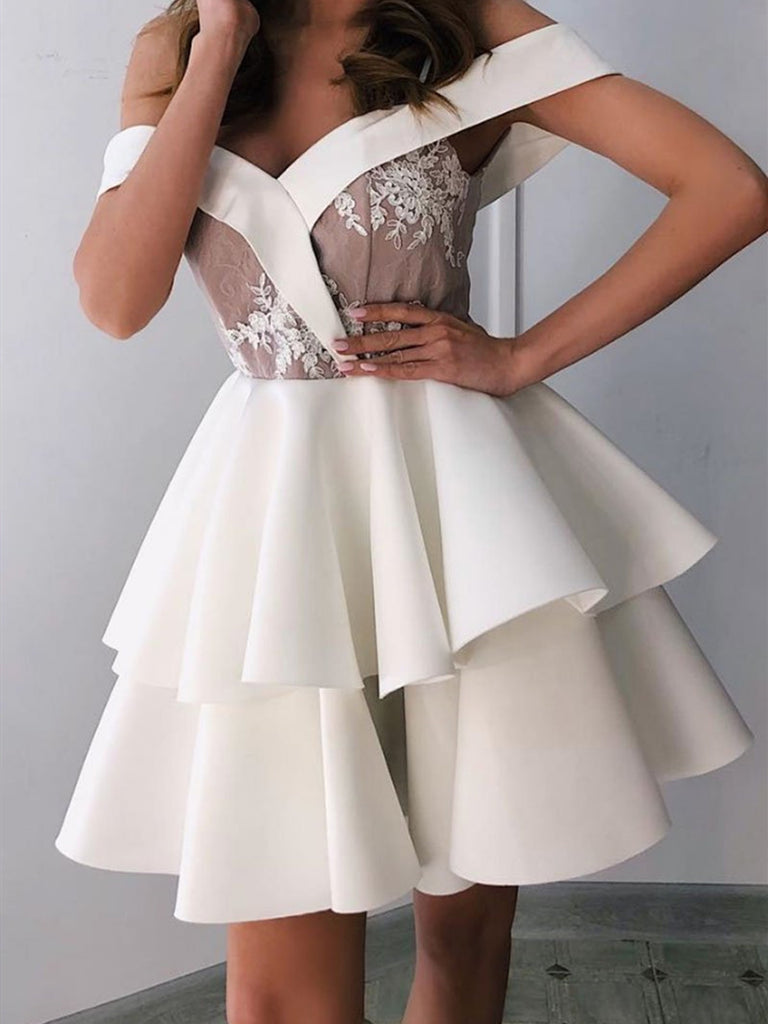 white v neck dress graduation Zapaka Women White Mini Graduation Dress A-Line Floral V-Neck Ruffled Bridal Shower Dress, White / US4