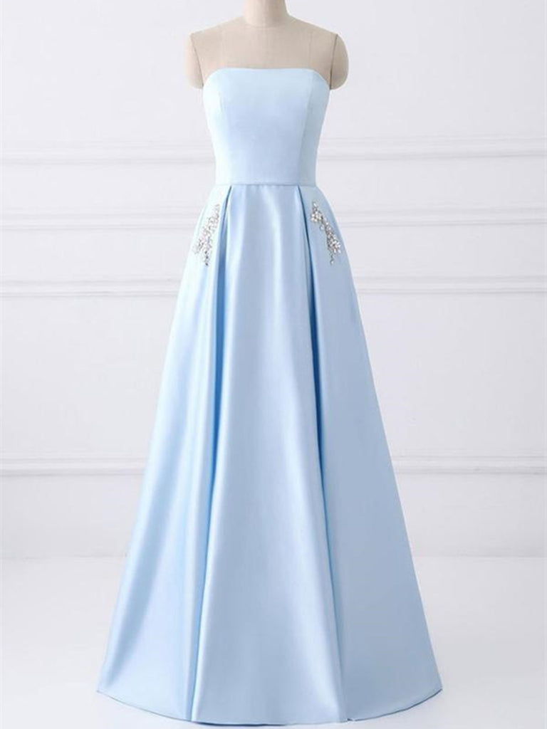 Blue  A-line Strapless Simple Long Prom Dresses with rhinestones pockets , Blue Strapless formal evening dresses