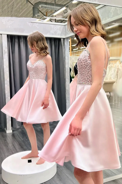 V Neck Pink Beads Short Prom Dress Homecoming Dresses, Short Pink Satin Backless Formal Evening Dresses