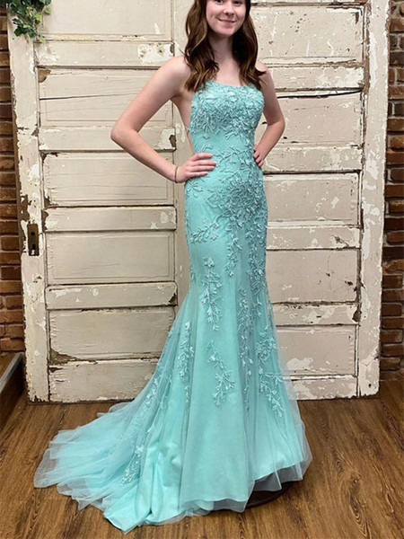 Mermaid Green Tulle Lace Long Prom Dresses, Mermaid Green Tulle Long Formal Evening Dresses