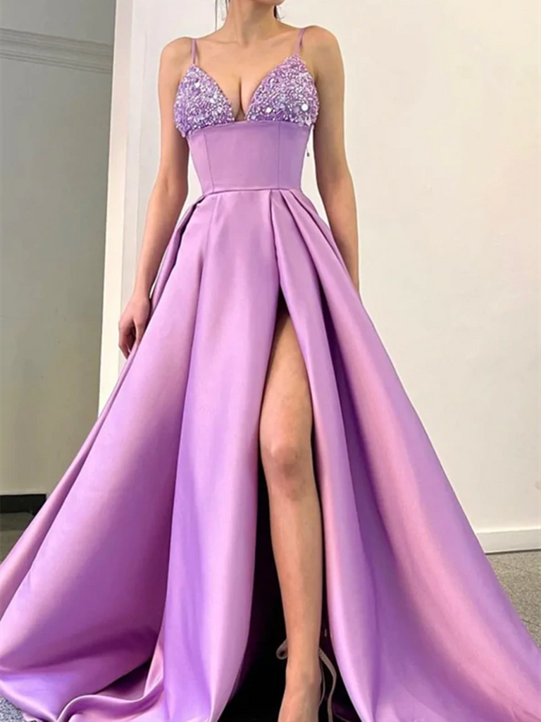 mauve satin prom dress Long Prom Gowns Satin Off Shoulder Evening Dresses Front Slit