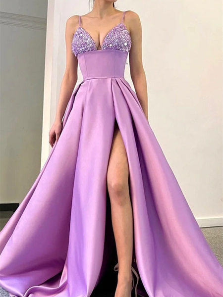 A Line Purple Satin Beads long Prom Dresses, A Line Purple Satin Beads long Formal Evening Dresses