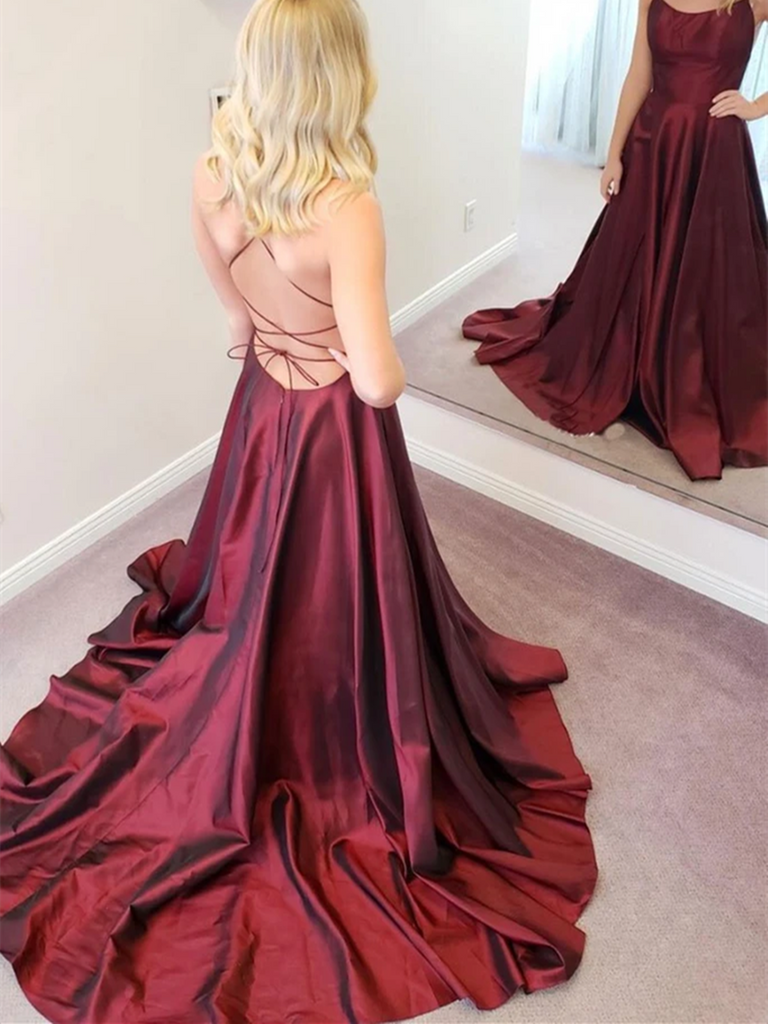 Simple A Line Backless Thin Strap Burgundy Satin Long Prom Dresses, Ba morievent Simple A Line Backless Thin Strap Burgundy Satin Long Prom Dresses, Ba morievent