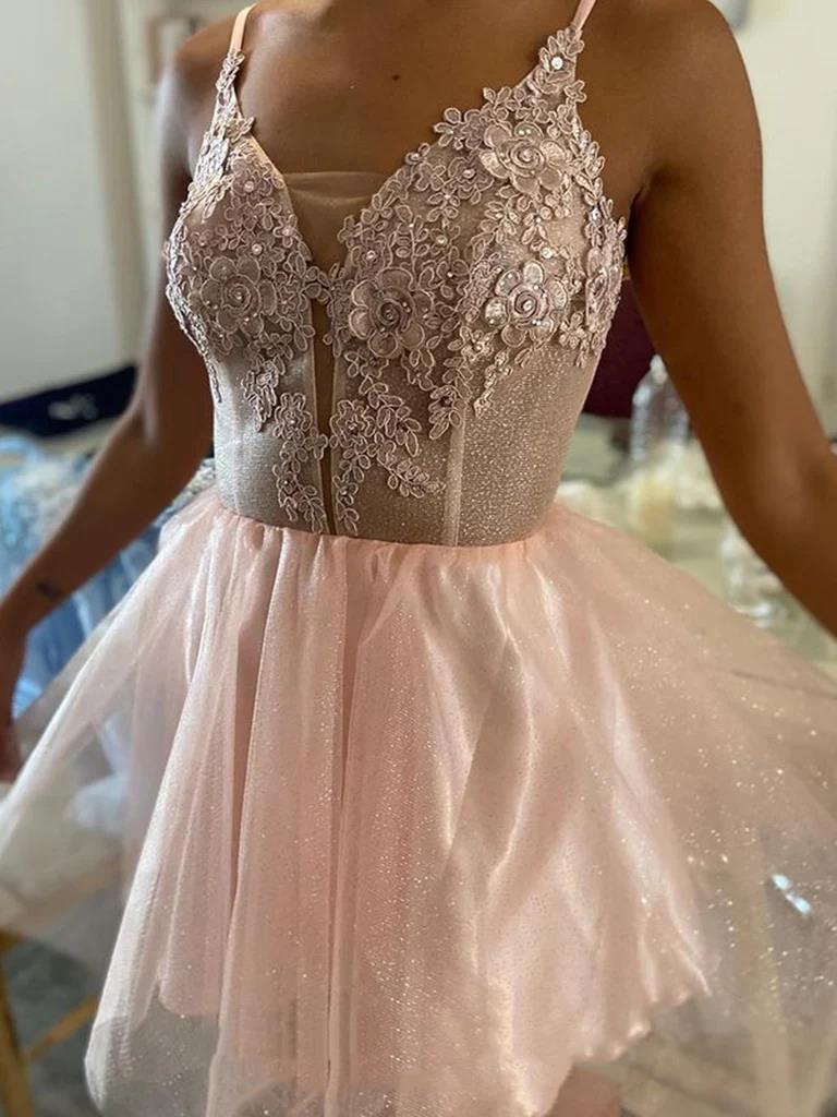 Short V Neck Pink Lace Prom Dresses, Short Pink Lace Graduation Homeco morievent Short V Neck Pink Lace Prom Dresses, Short Pink Lace Graduation Homeco morievent