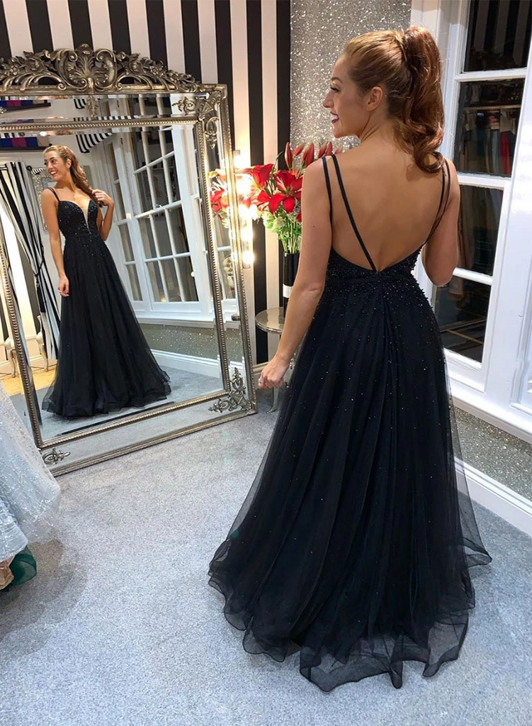 V Neck Black Tulle Beads Long Prom Dresses Open Back Black Formal Evening Dresses