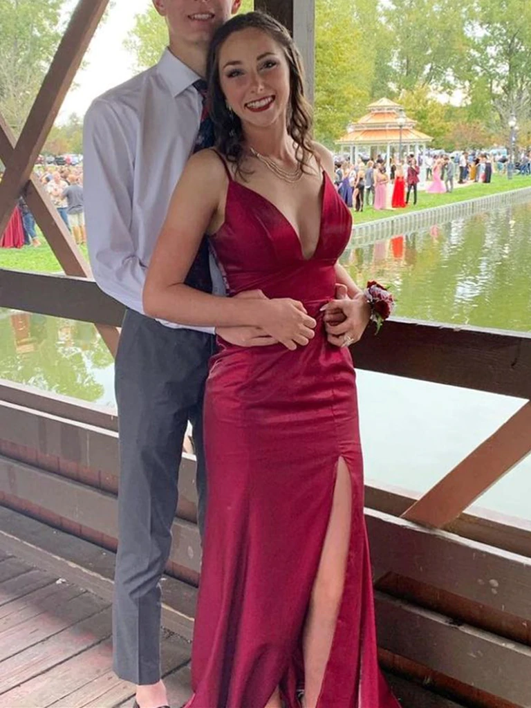V Neck Mermaid Burgundy Satin Long Prom Dresses with High Slit, Mermai morievent V Neck Mermaid Burgundy Satin Long Prom Dresses with High Slit, Mermai morievent