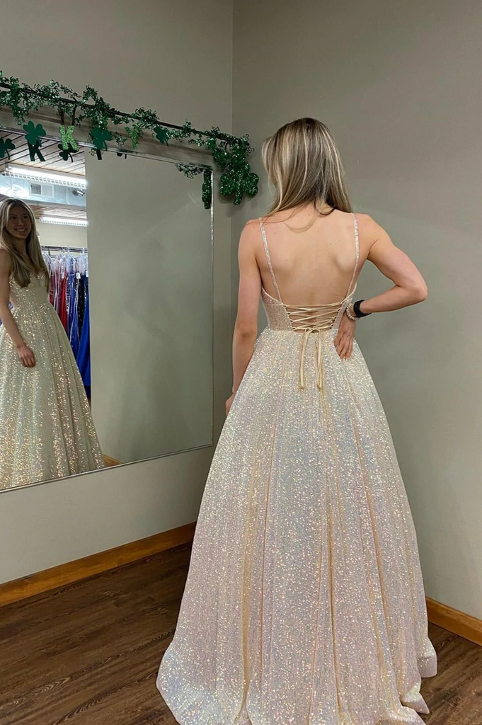 A Line V Neck Champagne Sequins Long Prom Dresses, A Line V Neck Champ morievent A Line V Neck Champagne Sequins Long Prom Dresses, A Line V Neck Champ morievent