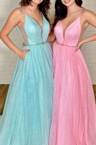 A Line V Neck Pink /Blue Long Prom Dresses, A Line V Neck Pink /Blue Long Formal Evening Dresses