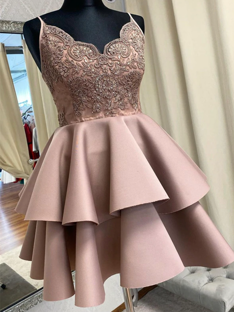 Cute V Neck Short Lace Prom Dresses, Short Lace Homecoming Dresses